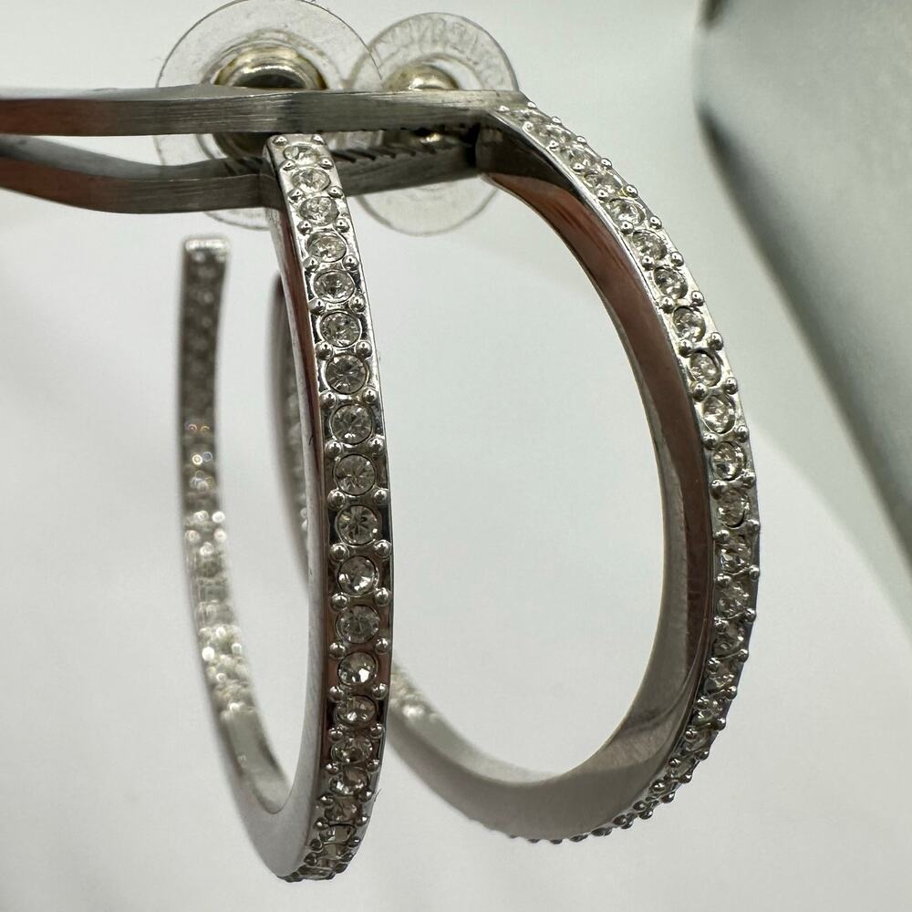 Swarovski Swan silver tone clear Austrian crystals hoop hoops post earrings - Picture 3 of 8